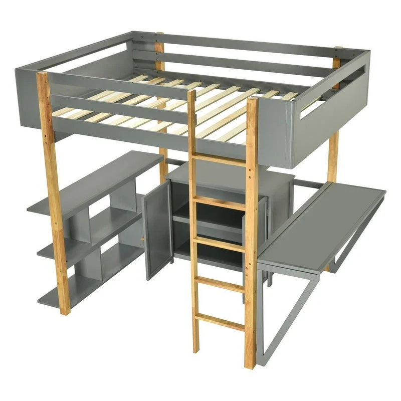 Full Size Wood Loft Bed With Built-in Storage Cabinet and Cubes, Foldable desk