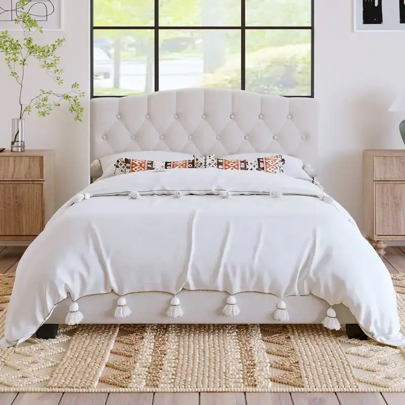 Upholstered Platform Bed Frame with Curved Saddle Headboard and Diamond-Tufted Details