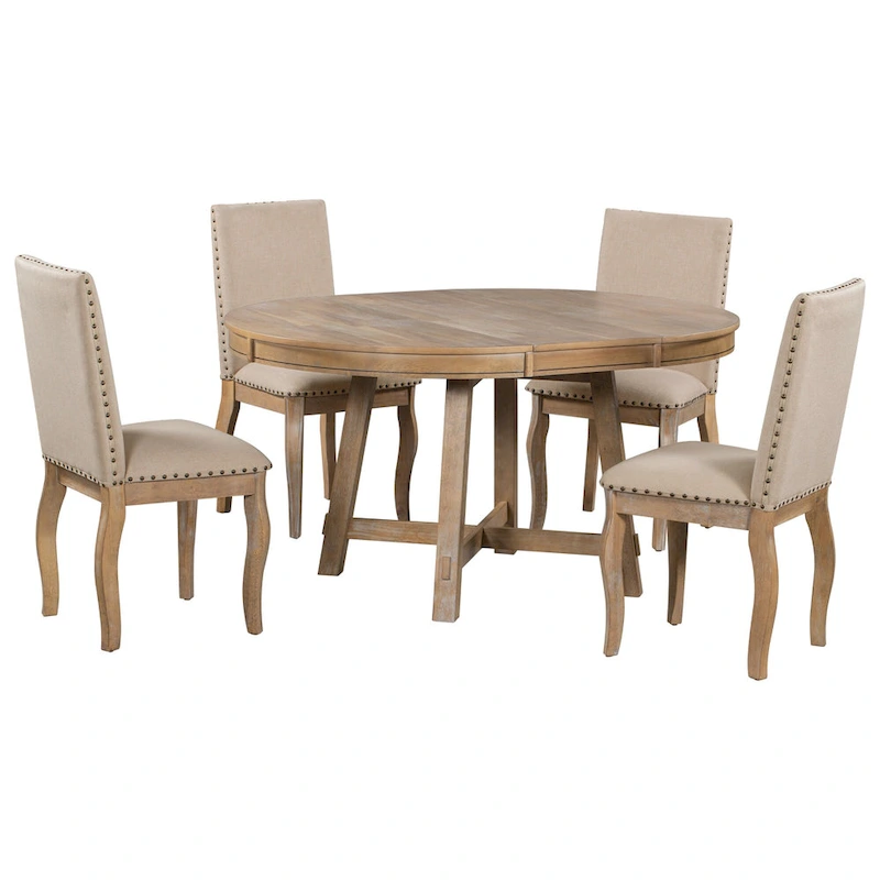 5 Piece Dining Table Set, Wooden Round Kitchen Dining Table Set with Extendable Dining Table and 4 Upholstered Dining Chairs
