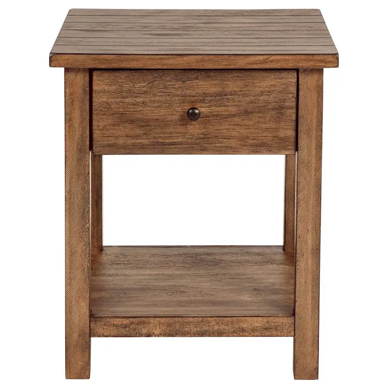 Ayne Side End Table, 1 Shelf, 1 Drawer, Brown Wood, Square 20 Inch