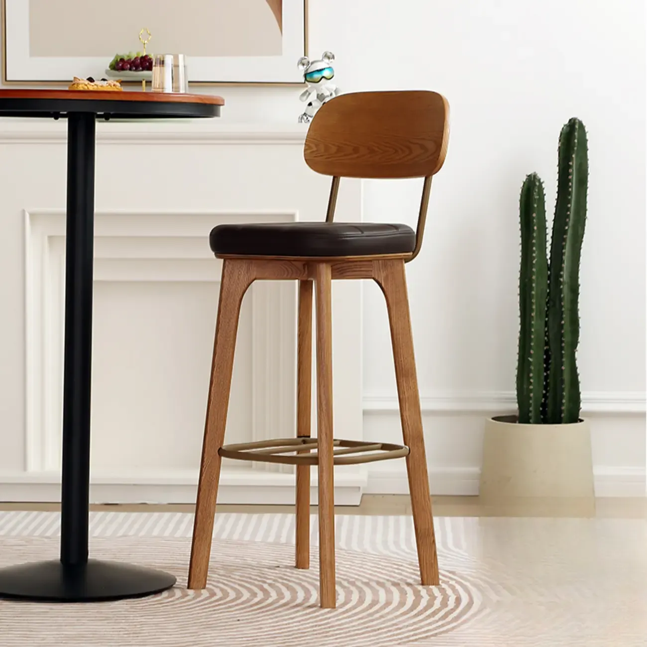 Wooden Square Leather Upholstered Bar Stool with Backrest