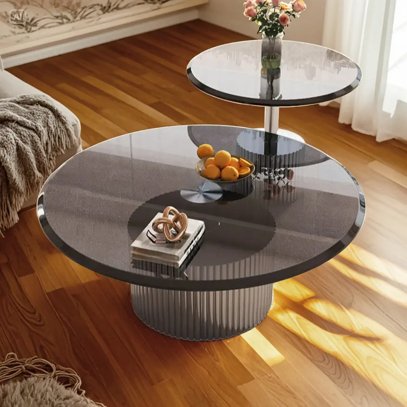 Modern Waterproof Glass Round Coffee Table with Silver Base
