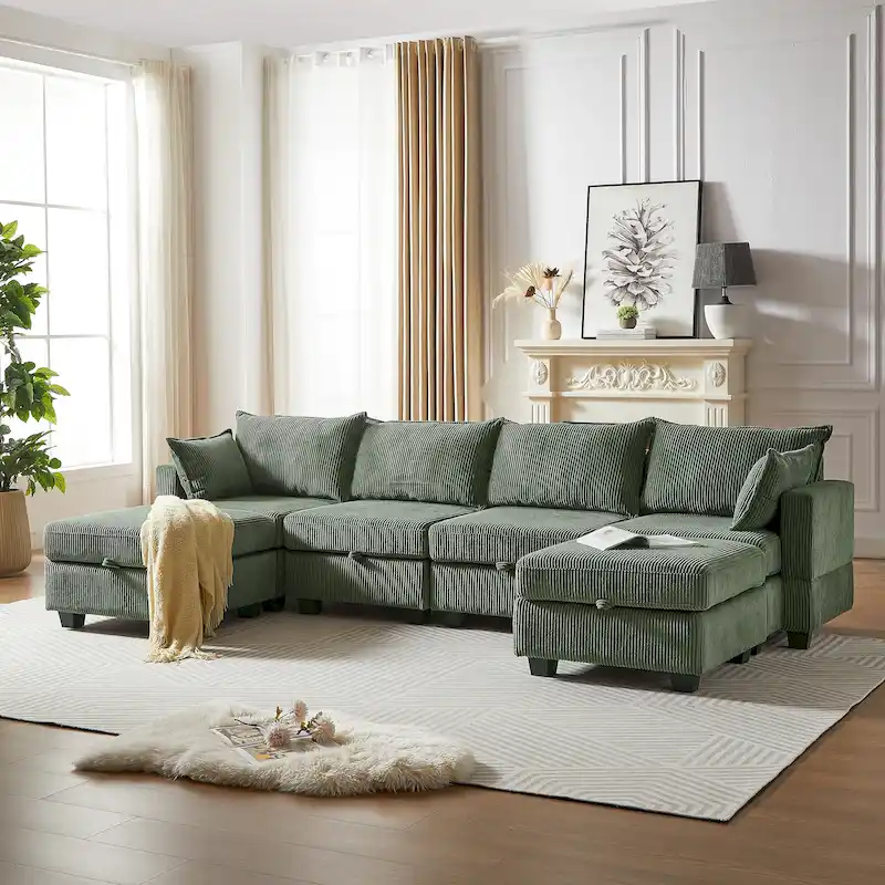 Green 6-Piece Convertible Corduroy Modular Sectional Sofa with Storage Seats, 2 Removable Ottomans, Free Combination