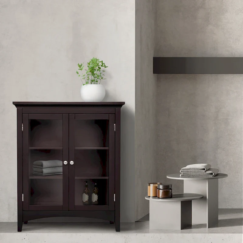 Espresso Finish Traditional Floor Cabinet with 2 Glass-Panel Doors & Adjustable Shelves