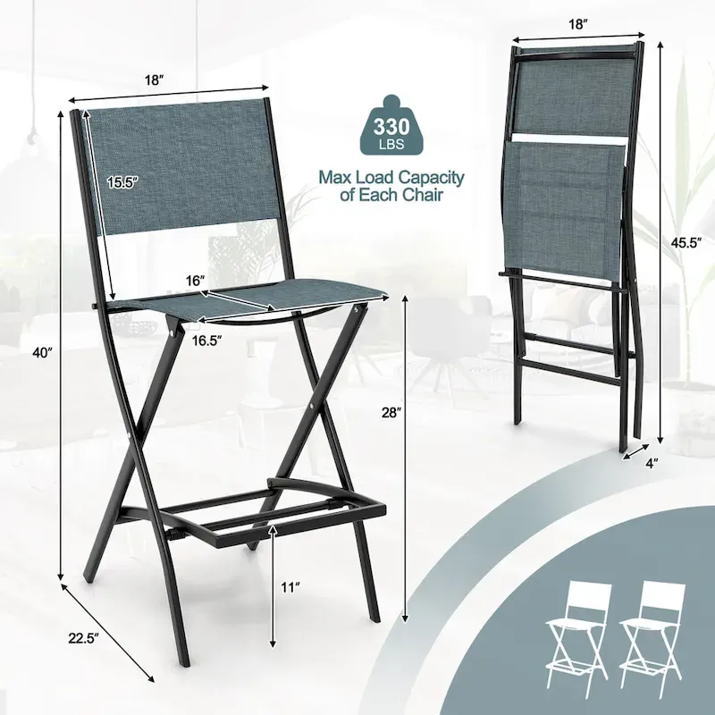 Gymax Folding Bar Stools Set of 2 Patio Sling Chairs w/ Backrest