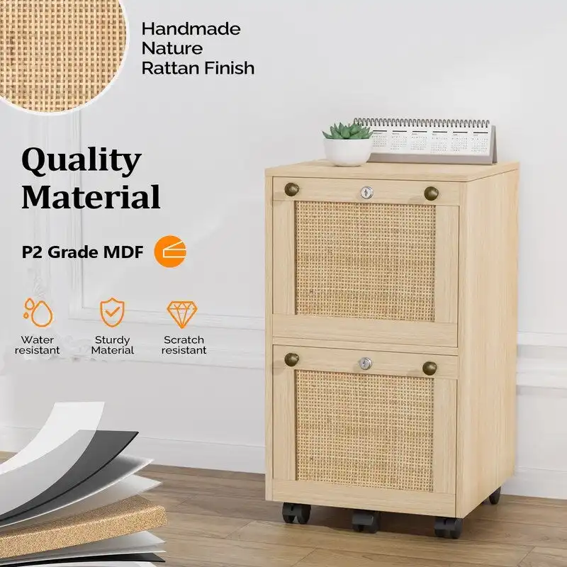 Mobile File Cabinet Wood Rattan 2-Drawer with Lock