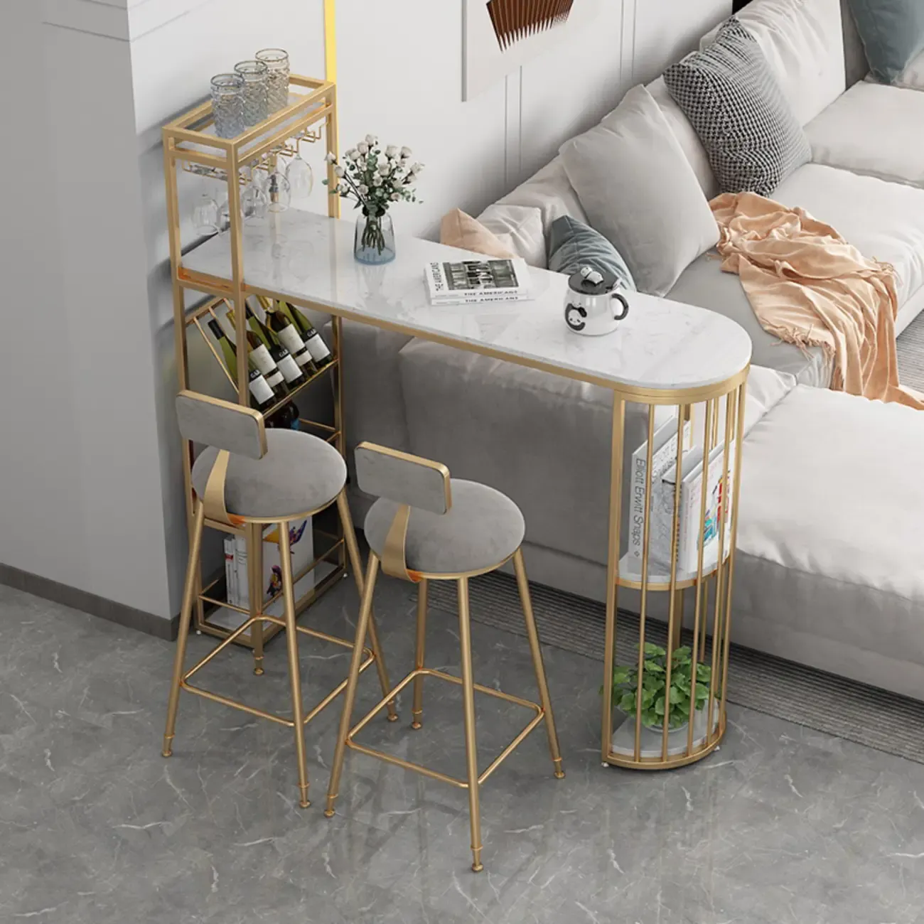 Modern Bistro Golden Bar Table Marble Top with 2 Shelves