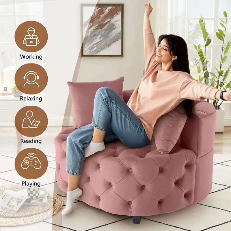 Velvet Modern Leisure Big Classical Barrel Chair with 2 Pillows