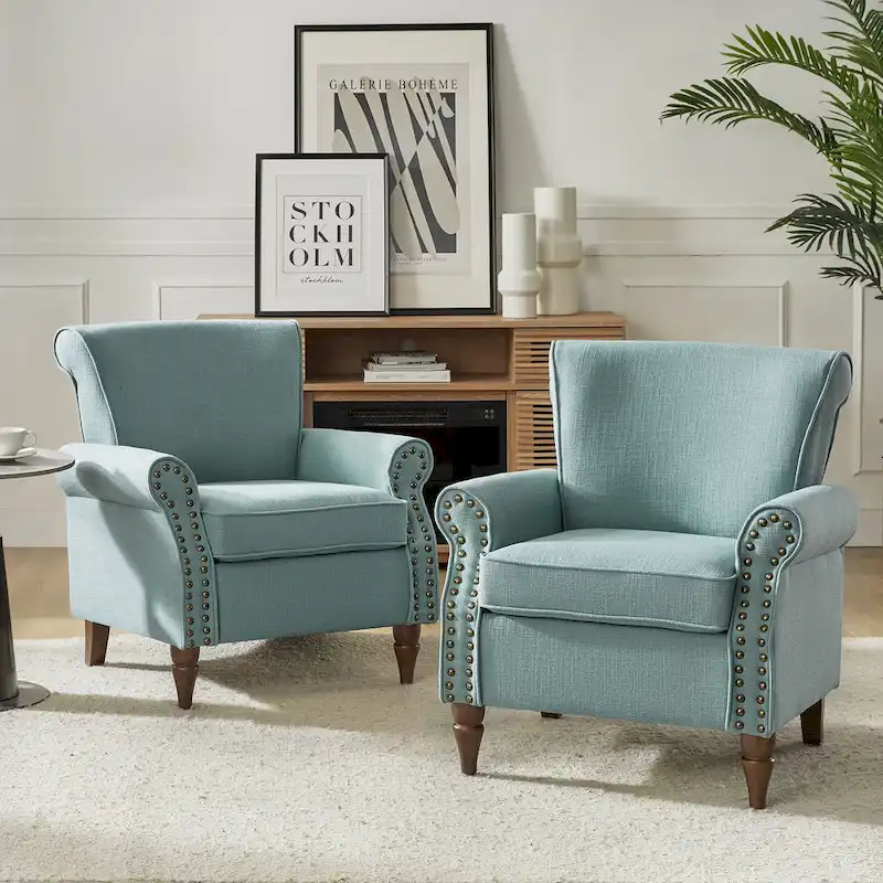 Upholstered Comfy Accent chair with Turned Wooden Legs and Nailhead Trim Set of 2 by