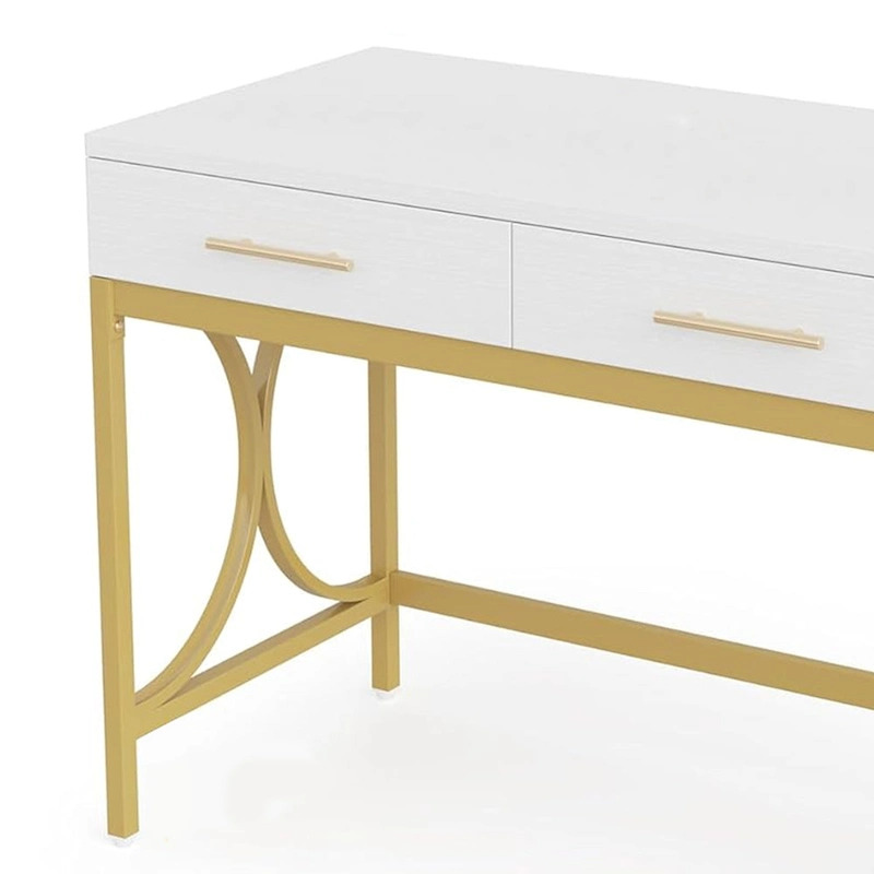 Computer Office Writing Desk, 41 Inch White Top, 2 Drawers, Gold Base