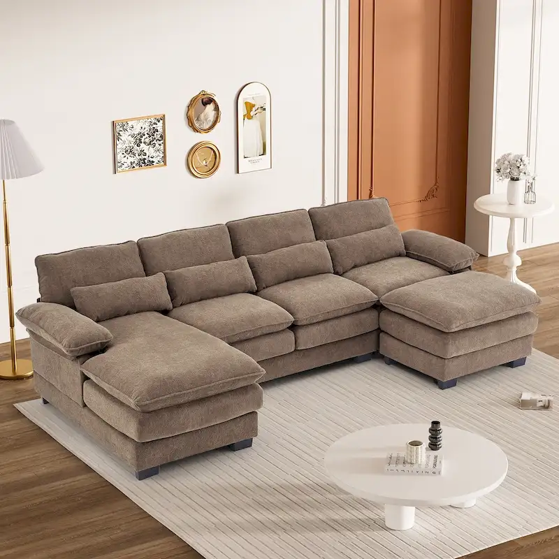 Ouyessir Soft Chenille Fabric U-shaped Sectional Sofa Set with Doudle Layer Cushion