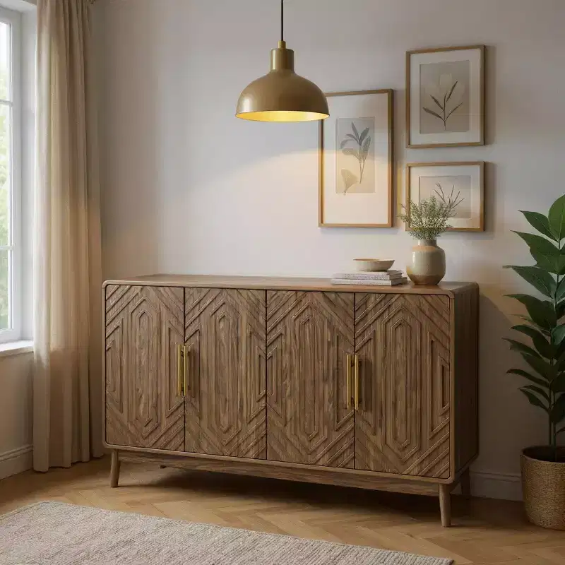 Brown Wood Sideboard, 4-Door Geometric Style, 1-Person Assembly