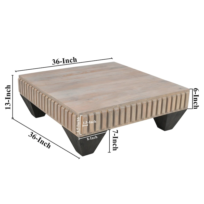 Tokyo Inspired 36 Inch Square Mango Wood Coffee Table - Handcrafted with Elegant Sandblasted Gray Finish And Tapered Legs