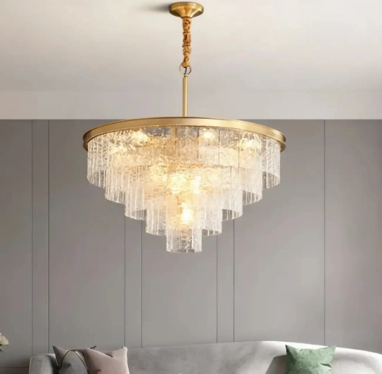 Luxury Brass Downrod Tierd Glass Gaia Chandelier