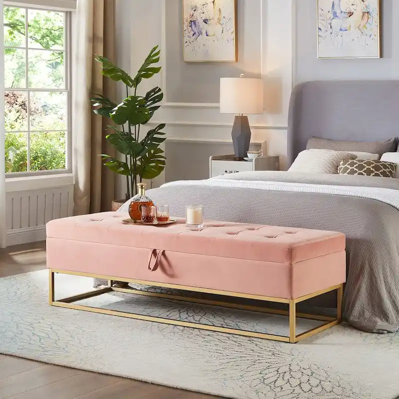 58.6 Bed Bench Metal Base with Storage Pink Velvet
