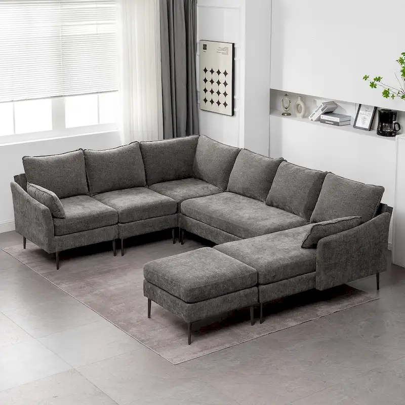 EROMMY U Shaped 6-seat Sectional Sofa Couch, Reversible Sleeper in Modern Chenille Design, with Chaise Lounge and Ottoman