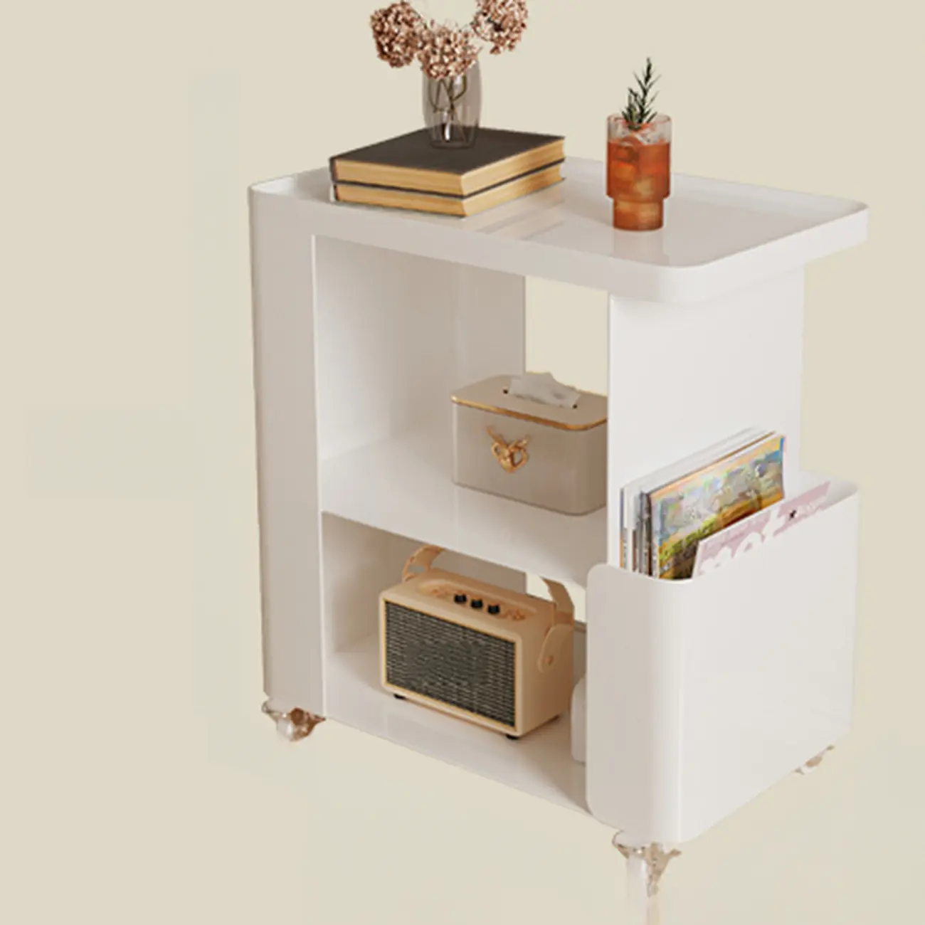 Postmodern 3 Shelves Open Storage Rolling Nightstand with Light