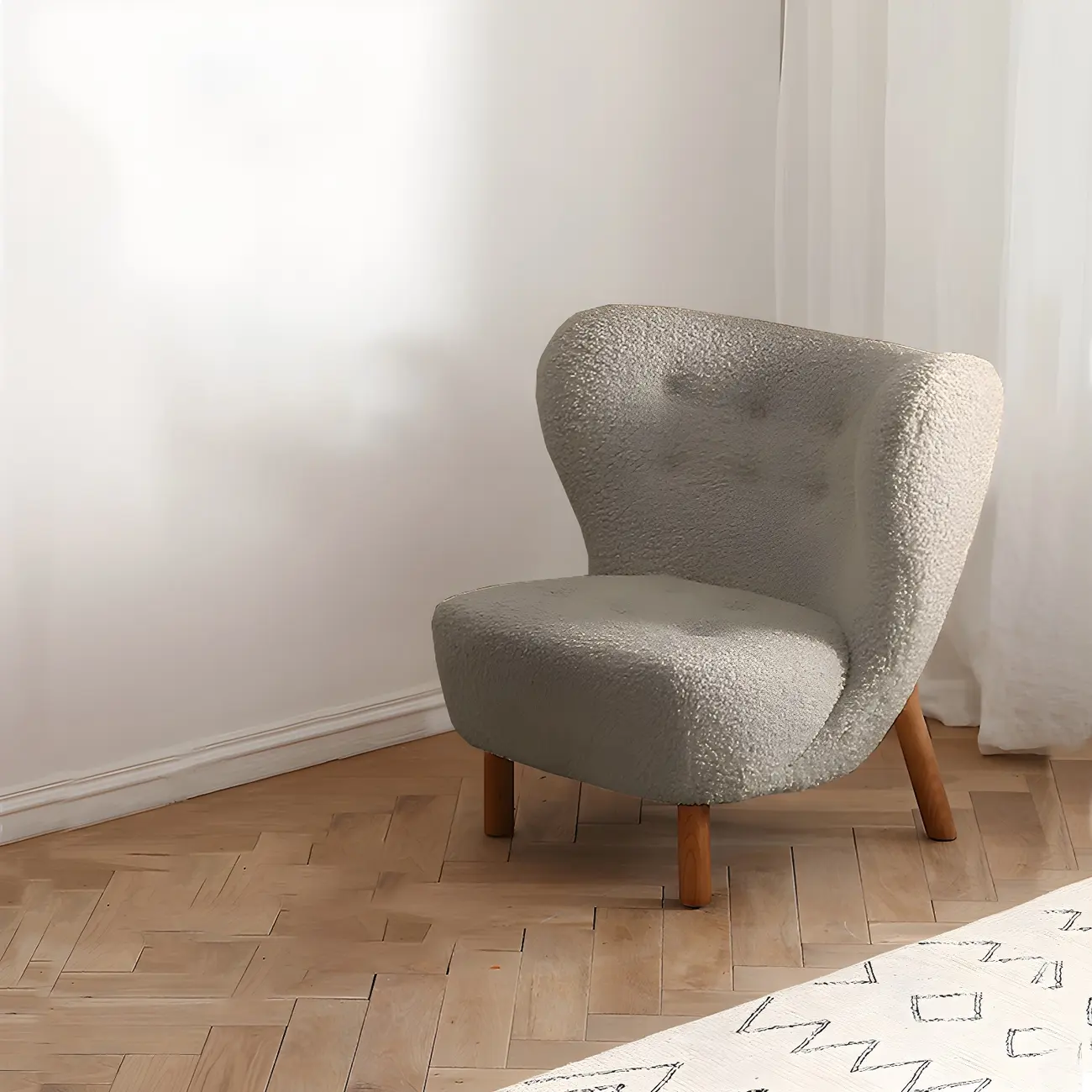 Mid-Century Modern Flannel Accent Chair in Off-White