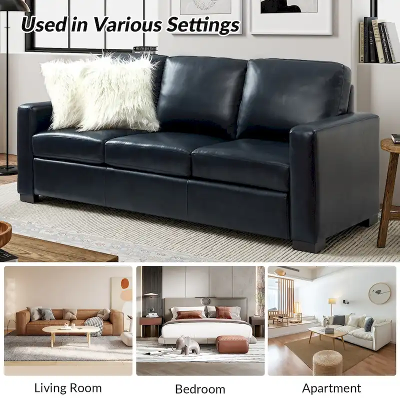 Ernando 83.46 Wide Genuine Leather Sofa with Squared Arms and Pillows