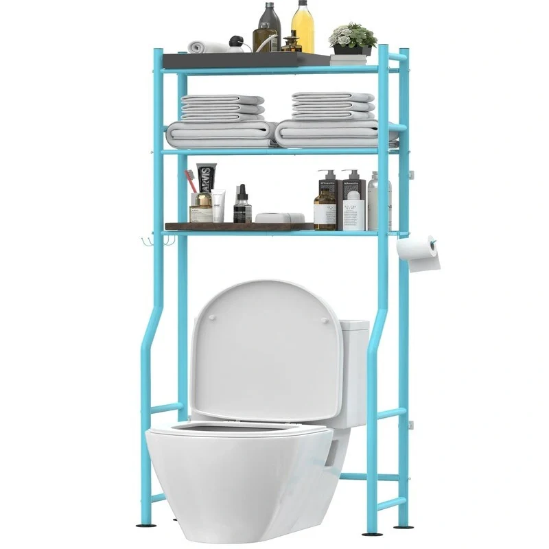 3-Tier Over The Toilet Storage, Freestanding Metal Bathroom Shelves with 4 Hooks, Over Toilet Storage Shelf with Paper Holder