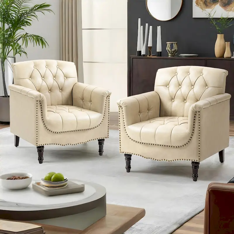 Tufted Vegan Leather Accent Chairs Set of 2, Armchair with Nailhead Trim