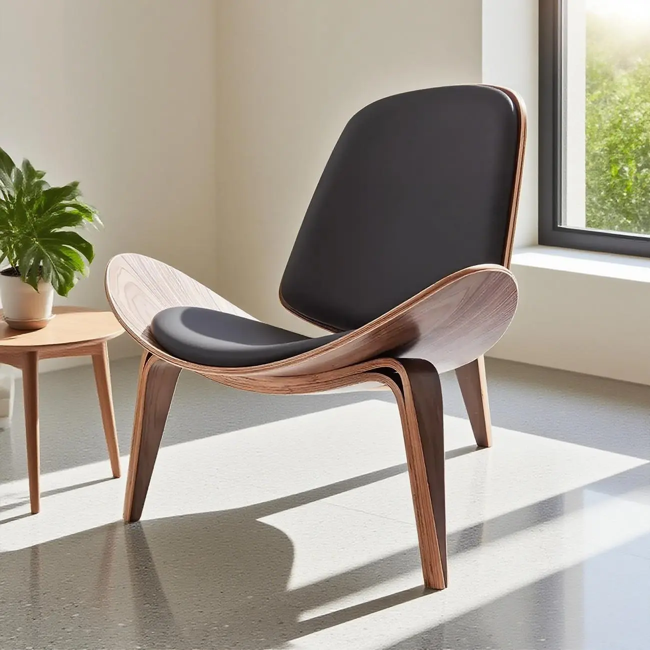 Scandinavian Leather/Linen Accent Chair with Wood Frame