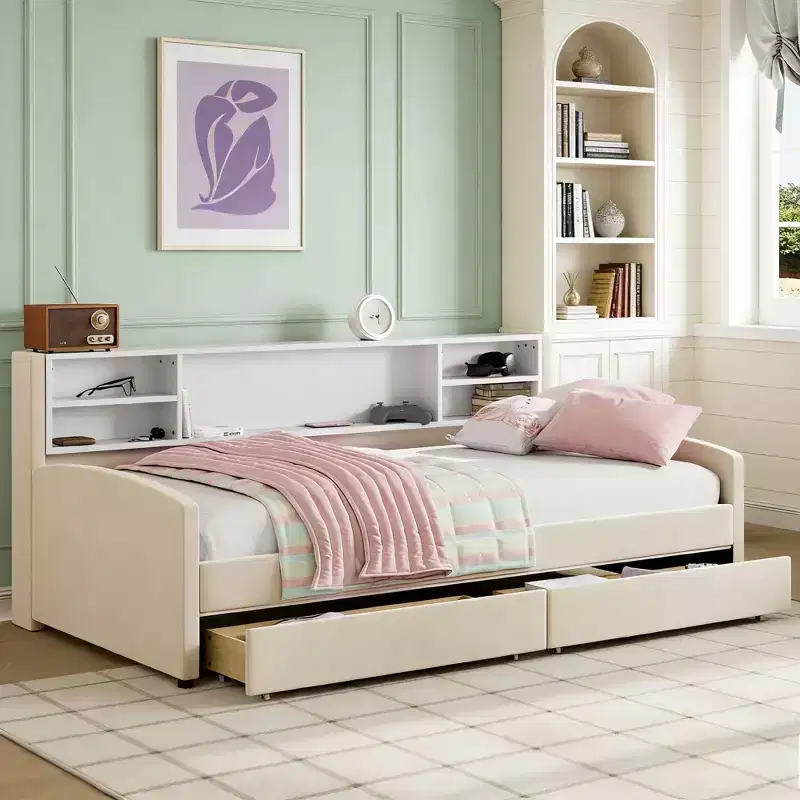 Luxystar Twin size Velvet Upholstered Platform Bed with Storage Shelves and 2 Drawers for Living Room