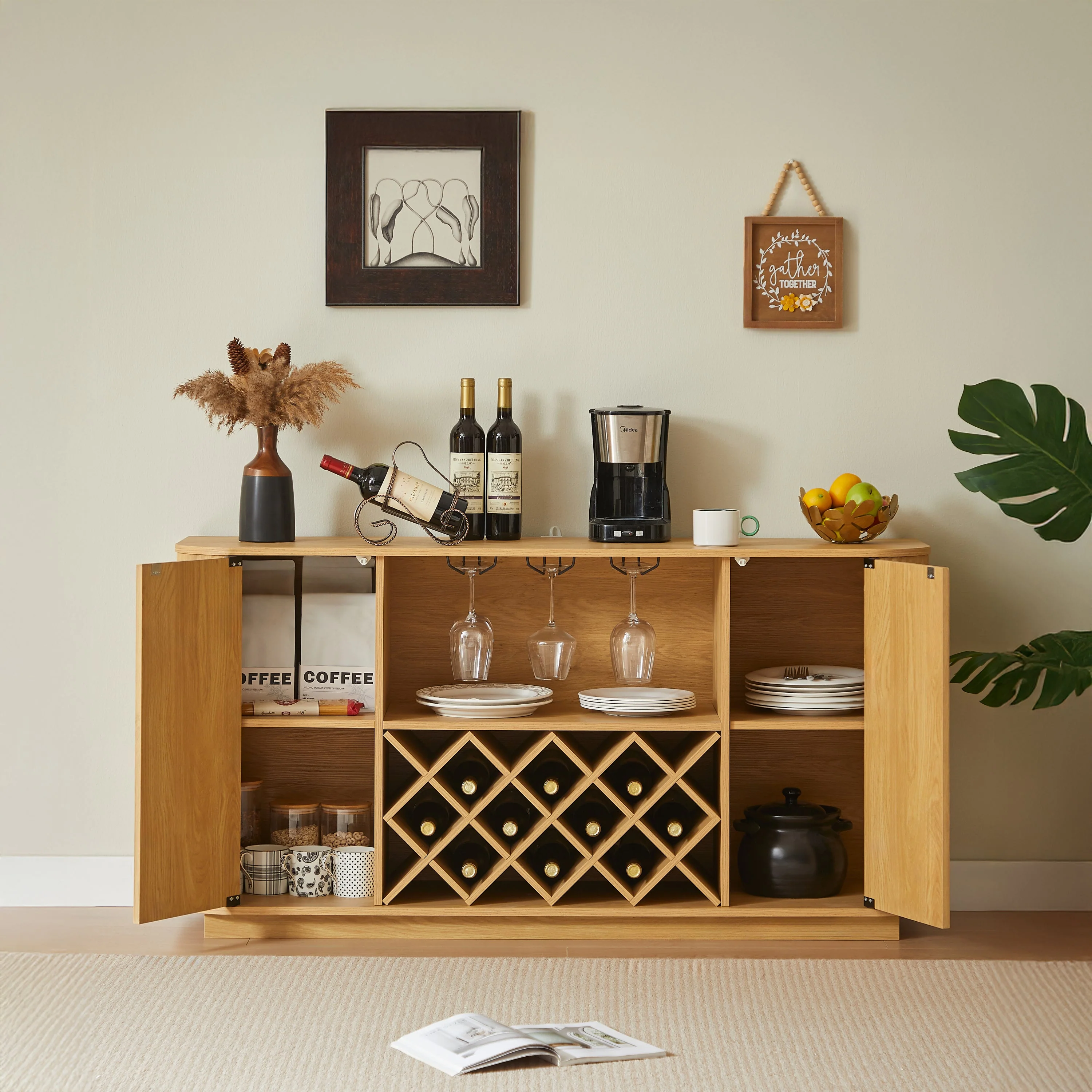 Modern Fluted Curve 58' Wine Rack Bar Cabinet / Sideboard