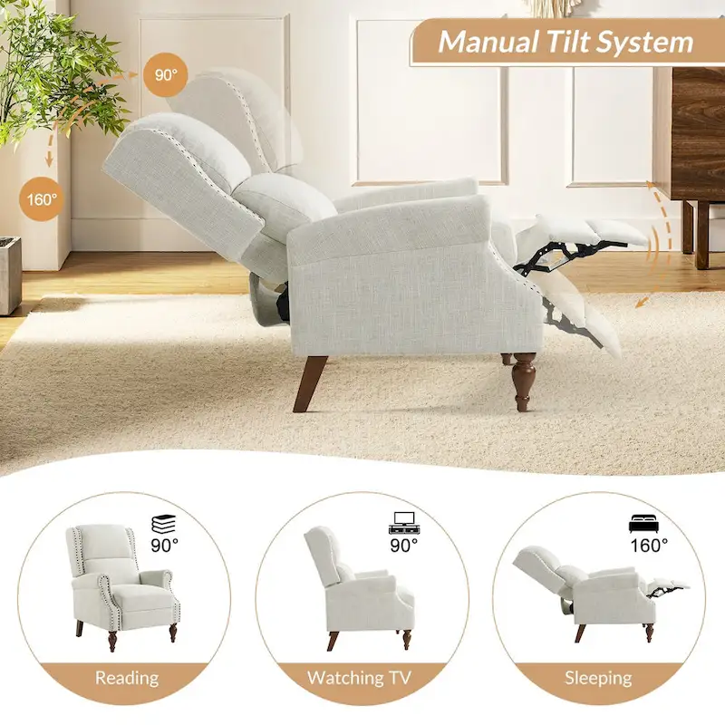 Traditional Roll Arm Manual Recliner with Solid Wood Legs