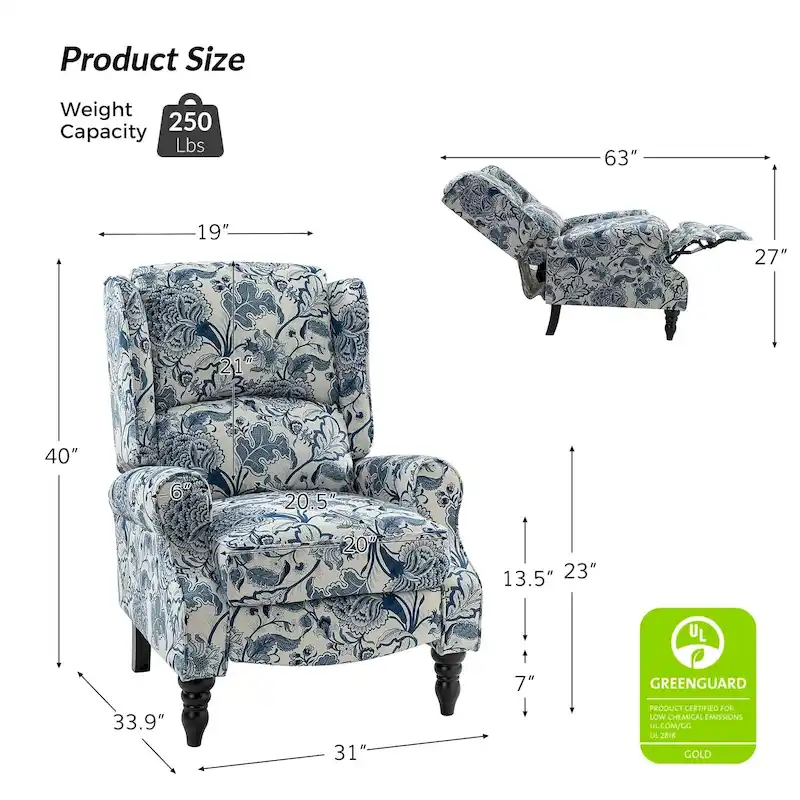 Olympus Upholstered Classic Manual Wingback Recliner with Solid Wood Legs by HULALA HOME