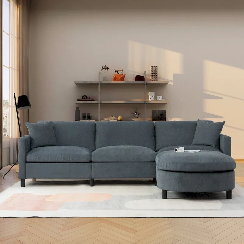 Grey 107.87 4-Seater Sectional Sofa with Removable Cushions, Movable Ottoman, and Storage Armrest Bag
