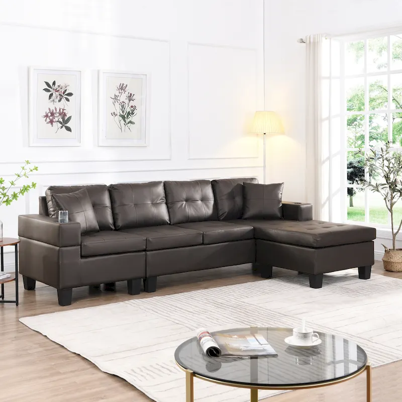 Brown 96.06 Modern L-Shaped 4 Seater Sectional Sofa with Chaise Lounge, Cup Holders, and Throw Pillows