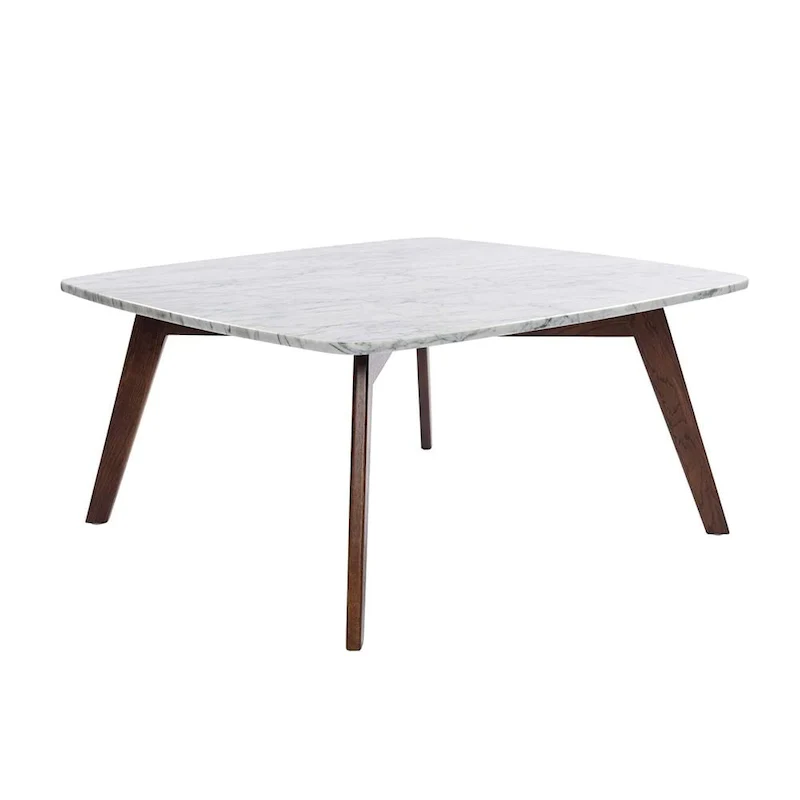 Vezzana 31  Square Italian Carrara White Marble Coffee Table with Walnut Legs