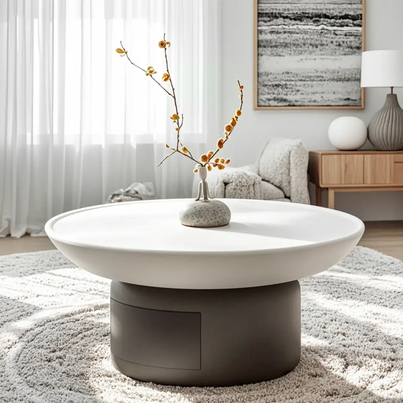 Gray White Round Minimal Wood Coffee Table with Drawer
