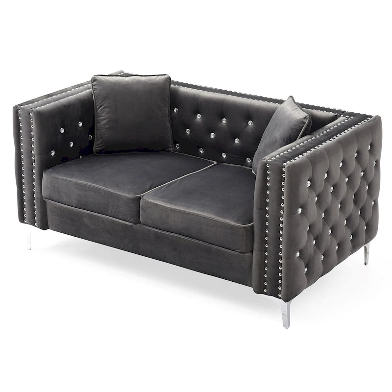 Tufted Nailhead Trim Velvet 2-Seater Sofa with Throw Pillows - 63 - Gray