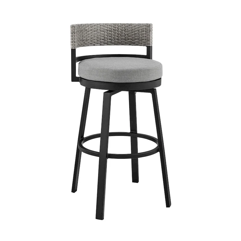 Ella 30 Inch Modern Outdoor Patio Swivel Bar Stool, Aluminum, Gray, Black