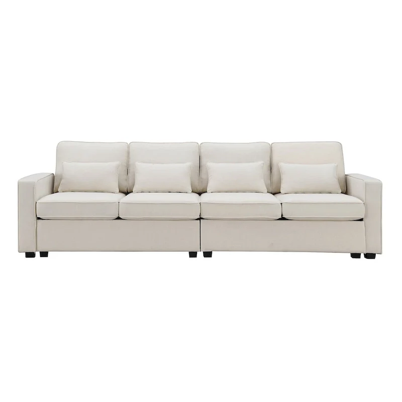 104 4-Seater Modern Linen Fabric Sofa with Armrest Pockets and 4 Pillows
