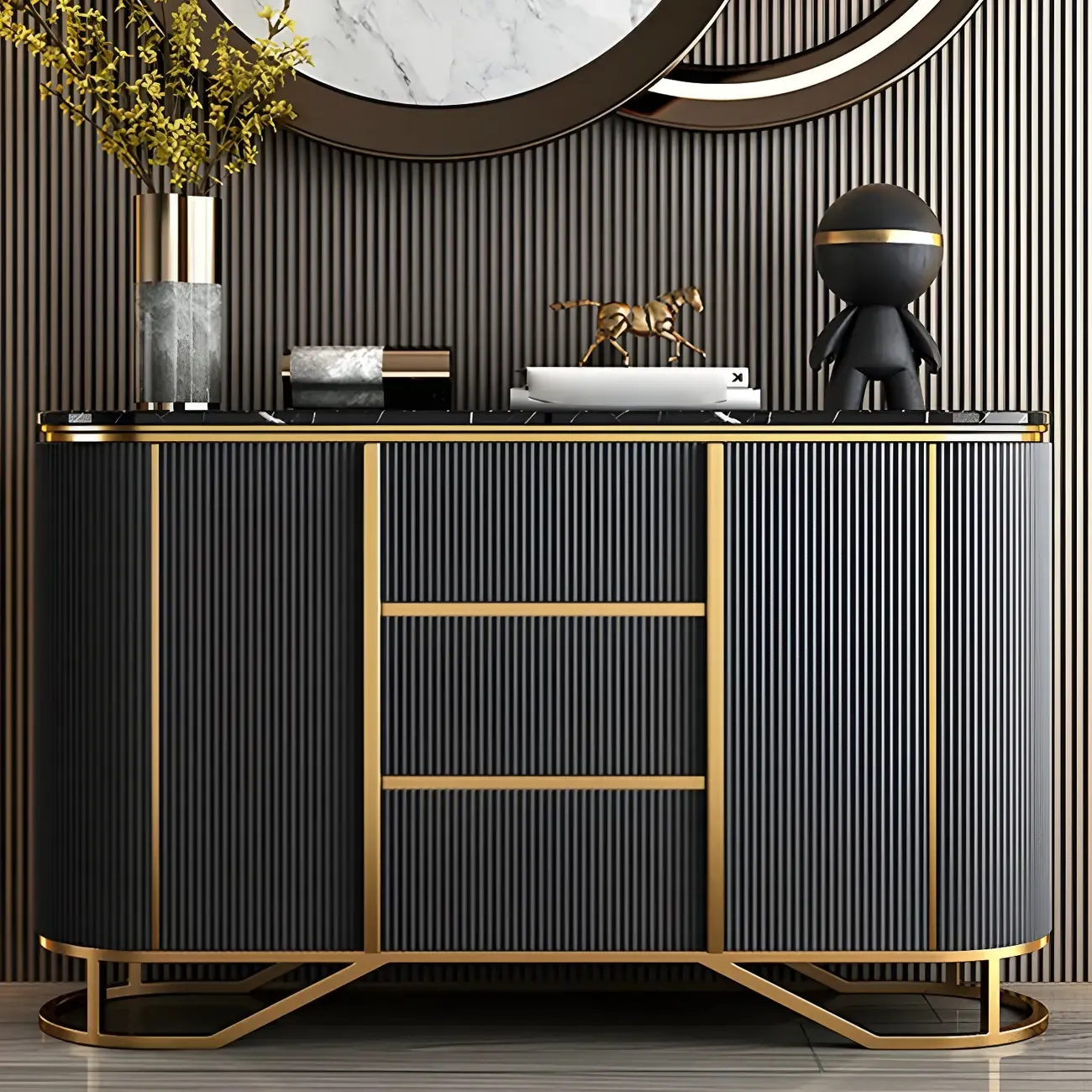 Luxury Curved Wooden Buffet Table with Drawers in Dark Gray