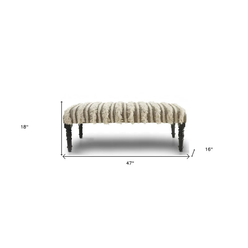 Wood Cream Cotton Upholstered Bedroom Bench Striped Pattern Nailhead Trim - 16 D X 47 W x 18 H