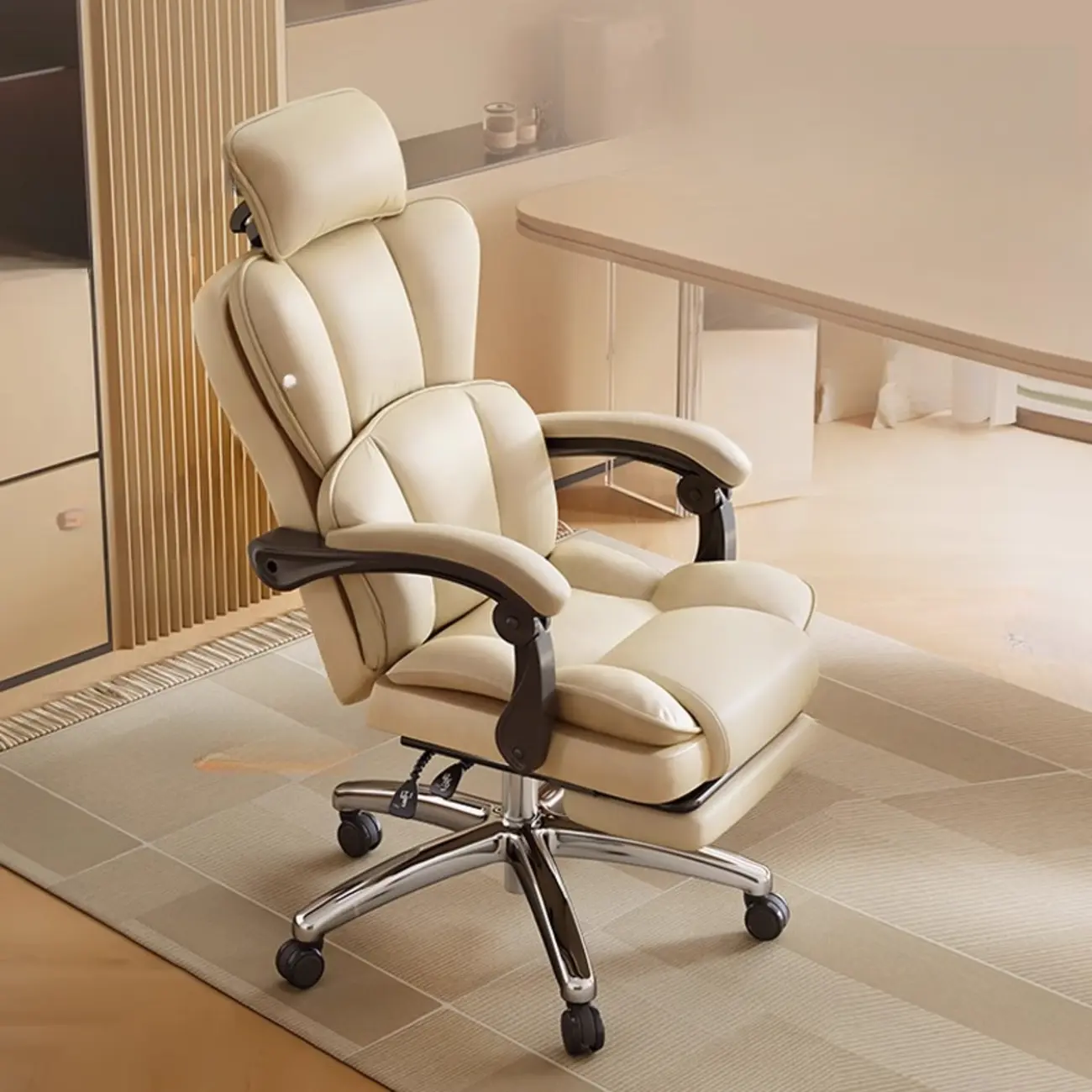 Modern Khaki Leather Adjustable Reclining Office Chair