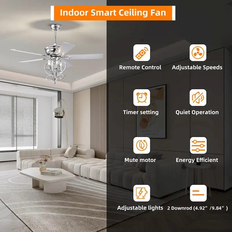 Bella Depot 52  Modern Silver Crystal Ceiling Fan with Remote Control and Light Kit, 3-Speed Reversible Blades - 52 Inches