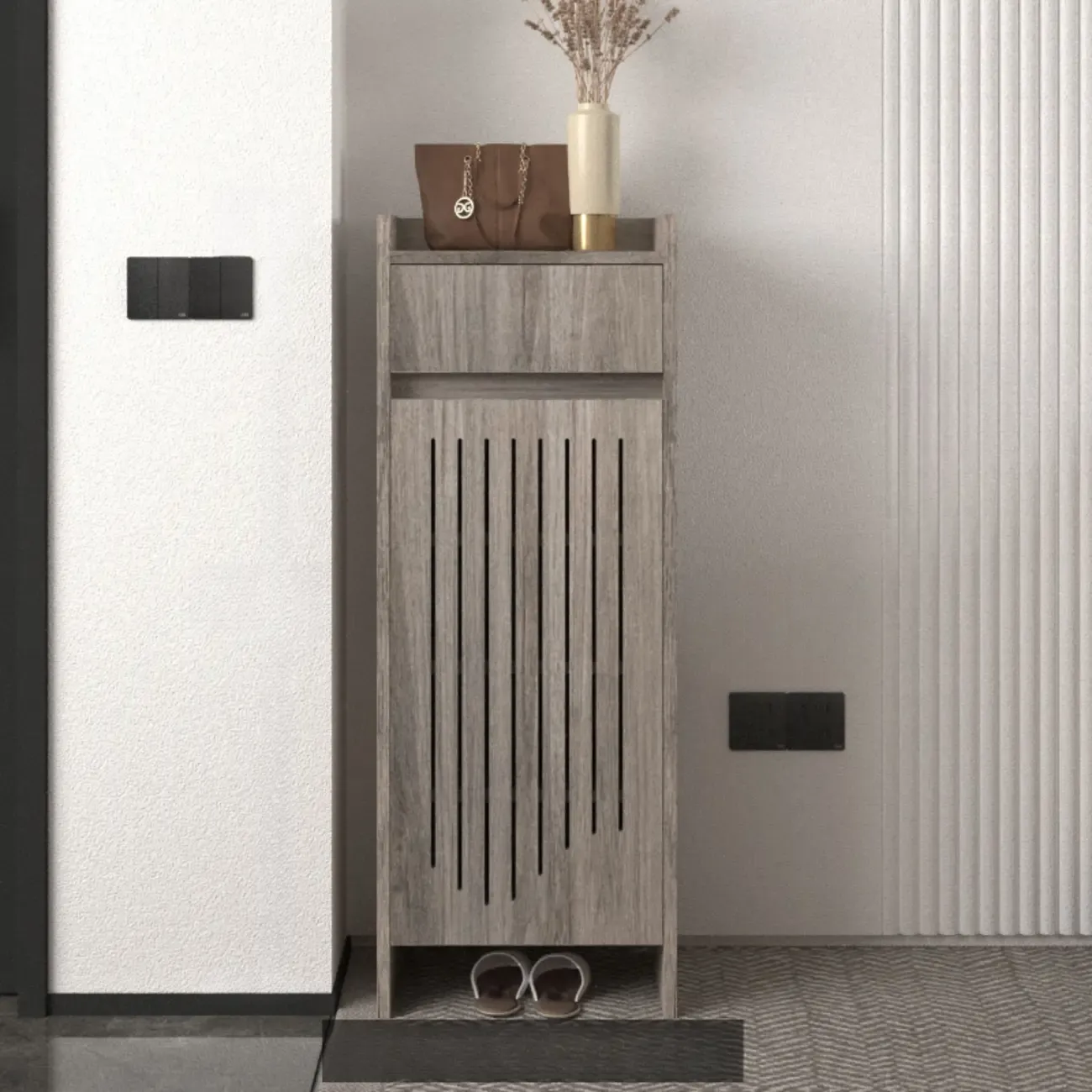 Modern Slim Wood Beige Entryway Shoe Cabinet