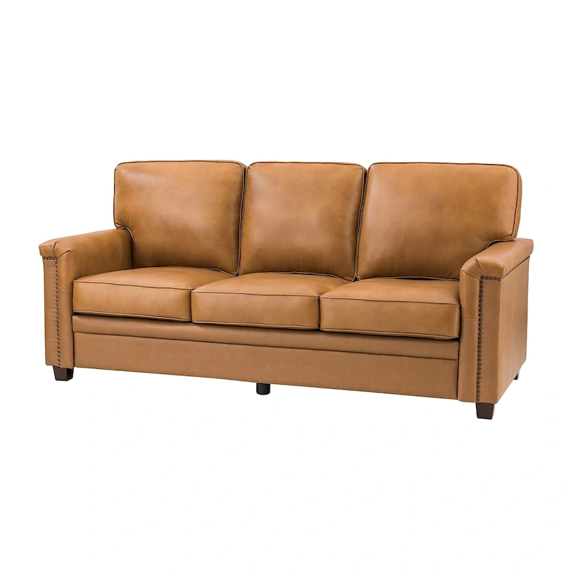 Rita Living Room 3-Seat Genuine Leather Sofa with Solid Wood Legs and Nailhead