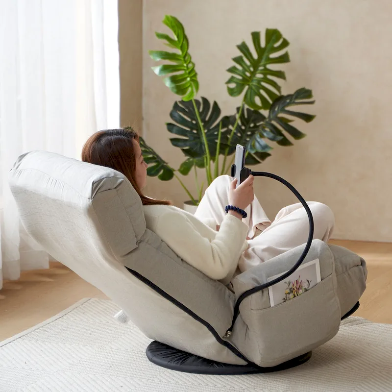 Gray Swivel Recliner with Phone Holder, Adjustable Headrest