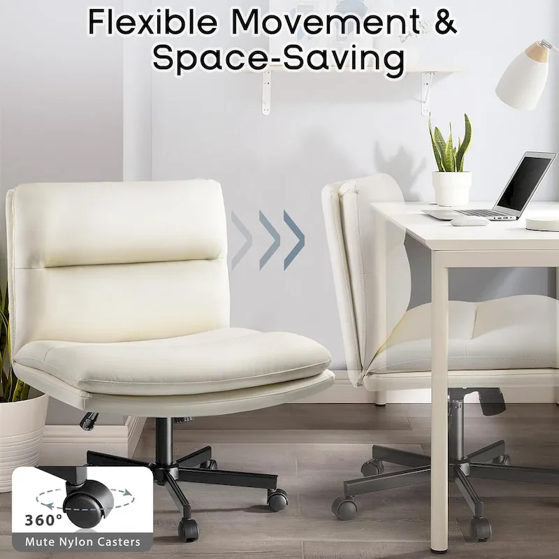 Bossin Criss Cross Chair with Wheels,PU Leather Armless Cross Legged Office chair, Adjustable Wide Seat Task Vanity Chair