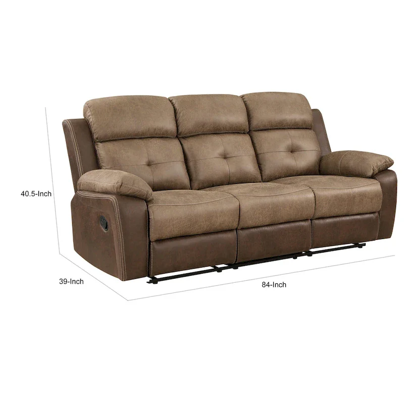 Emma 84 Inch Double Manual Recliner Sofa, Soft Brown Microfiber, Solid Wood