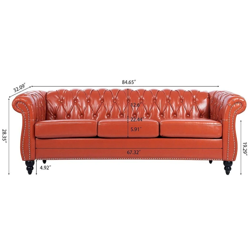 84.65 Chesterfield Tufted Faux Leather Sofa with Rolled Arms