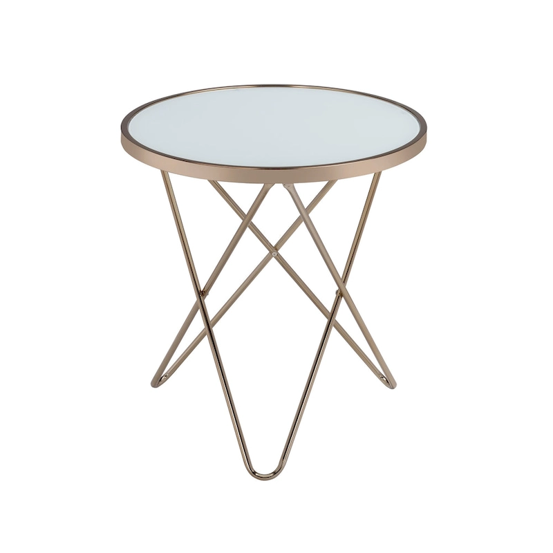 Frosted Glass Top & Champagne Finish Round End Table, with V-shaped Metal Base