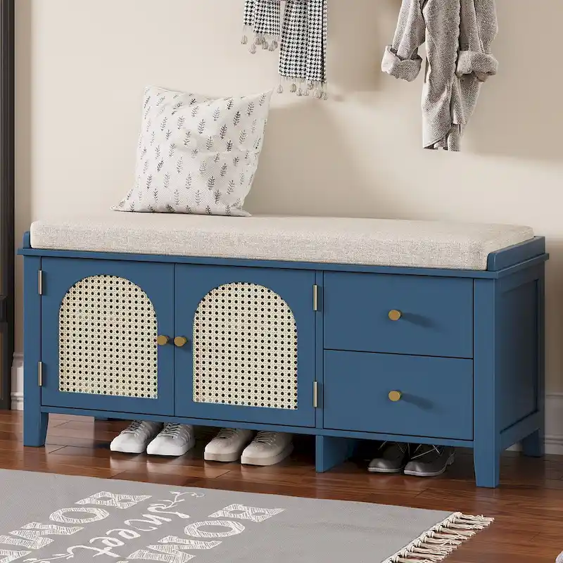 Entryway Storage Bench with Cushion Top, 2 Drawers and Rattan Doors