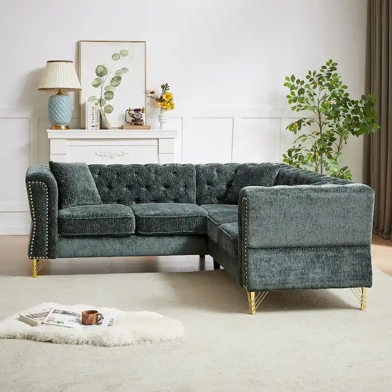 Green 81.5 Chenille L-Shaped 5-Seat Sofa
